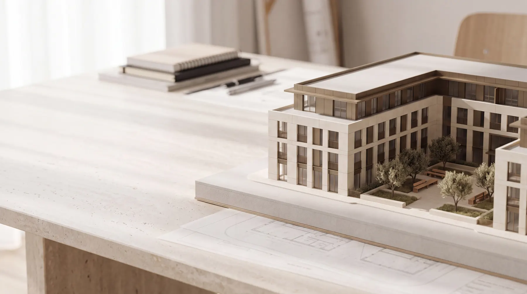 Conceptual architectural model on a design worktable